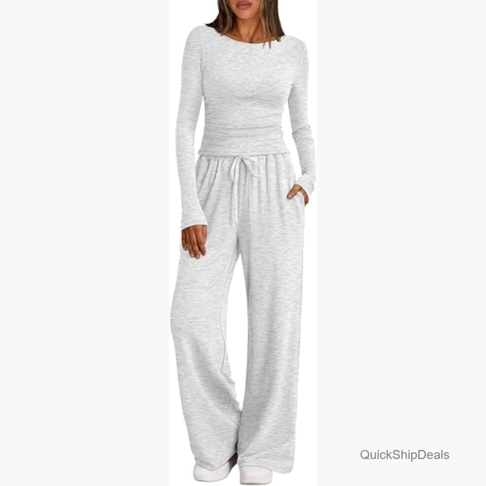 Soft Spandex Blend Lounge Set with Boat Neck Top and Wide Leg Pants